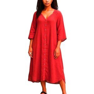 120% LINO Coral Linen Button Front Shirt Dress
